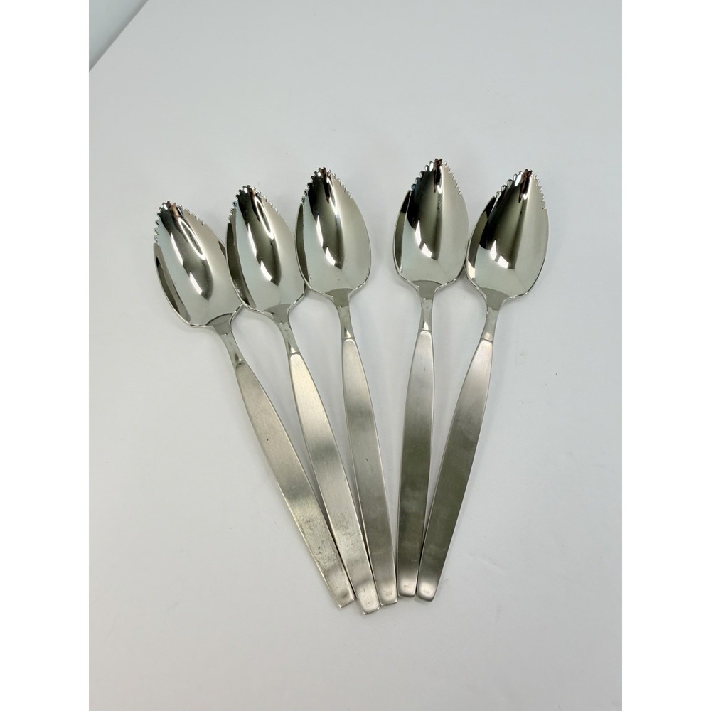 5 Oneida Community FROSTFIRE Stainless Grapefruit Spoons – Serrated Edge